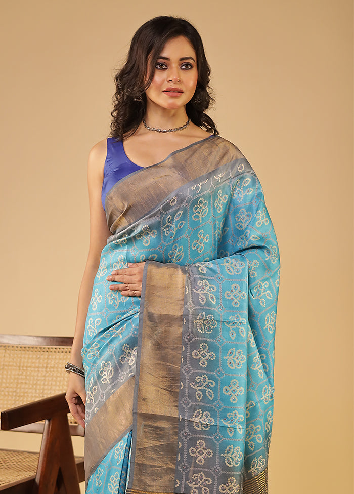 Blue Handloom Tissue Pure Silk Saree With Blouse Piece