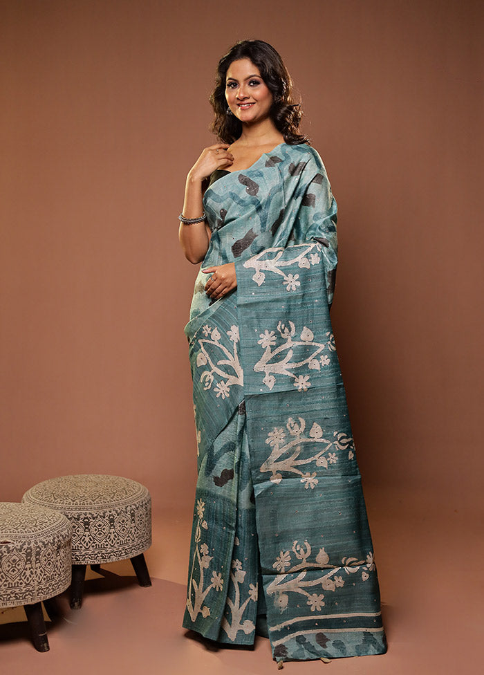 Blue Handloom Tissue Pure Silk Saree With Blouse Piece