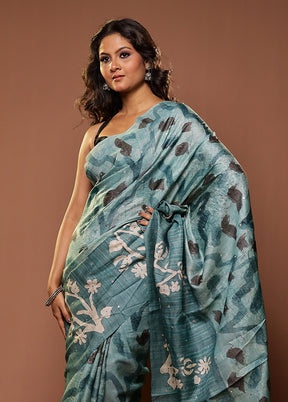 Blue Handloom Tissue Pure Silk Saree With Blouse Piece