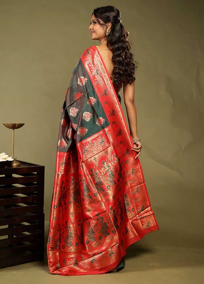 Green Baluchari Silk Saree With Blouse Piece