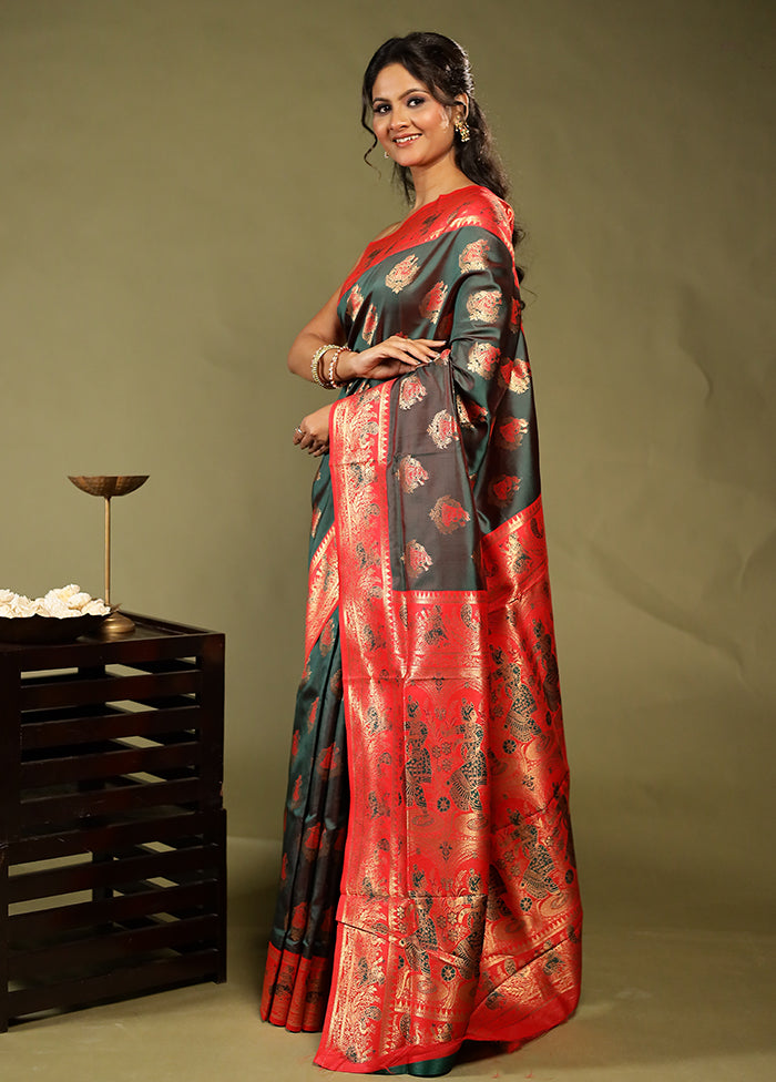 Green Baluchari Silk Saree With Blouse Piece