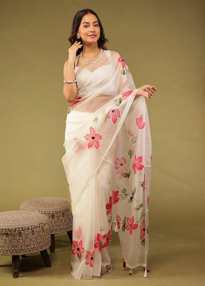 Cream Organza Saree With Blouse Piece