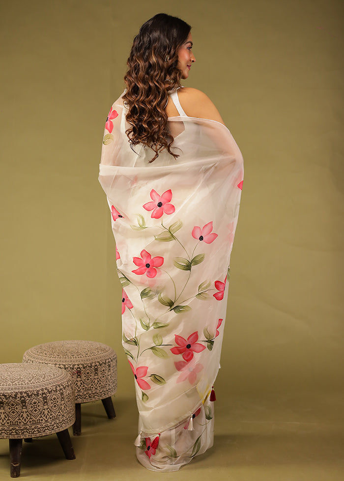 Cream Organza Saree With Blouse Piece