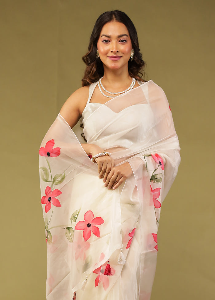 Cream Organza Saree With Blouse Piece
