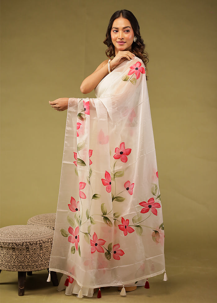 Cream Organza Saree With Blouse Piece