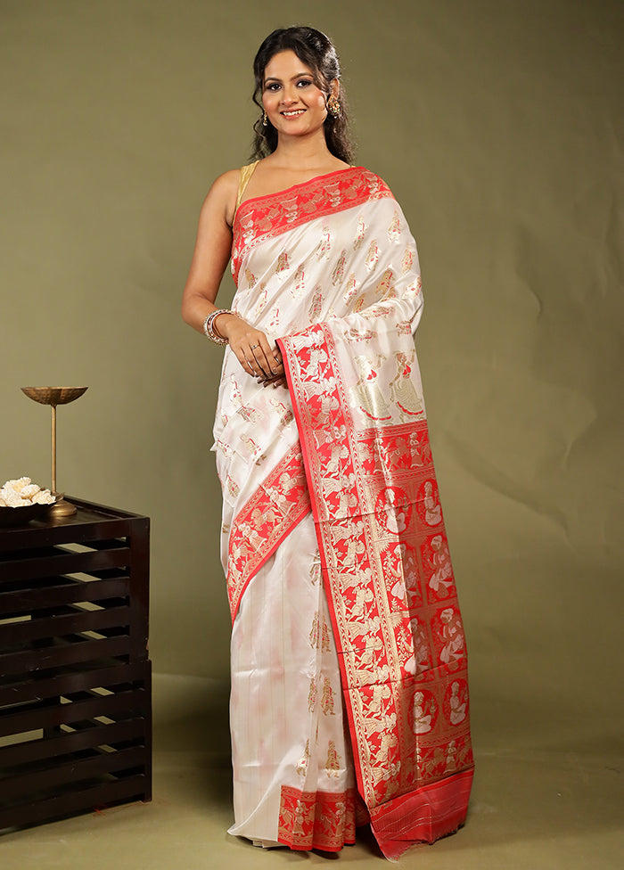 White Baluchari Silk Saree With Blouse Piece