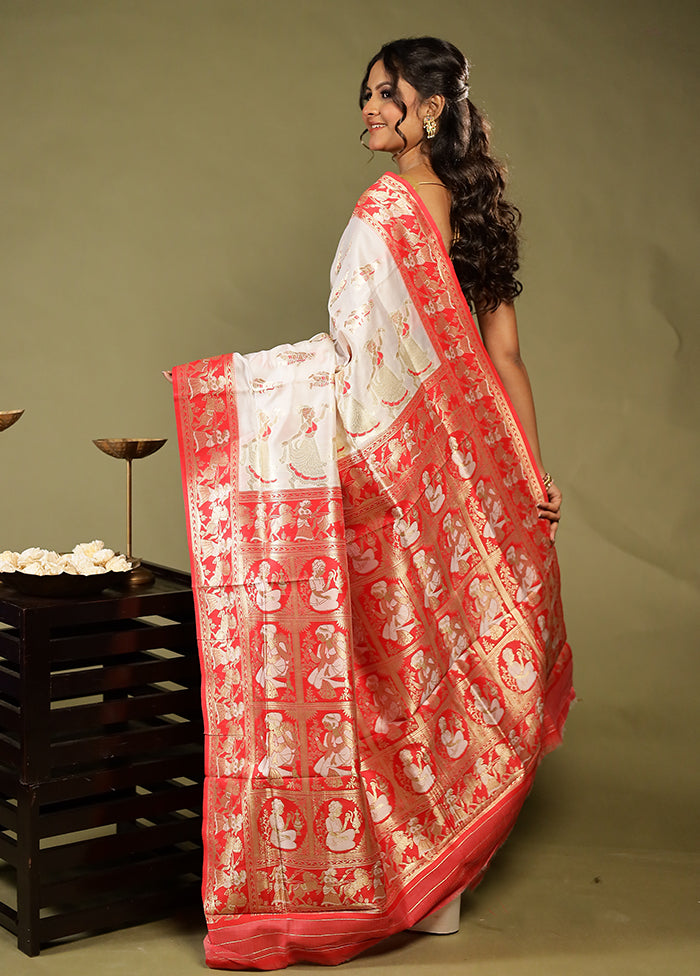 White Baluchari Silk Saree With Blouse Piece