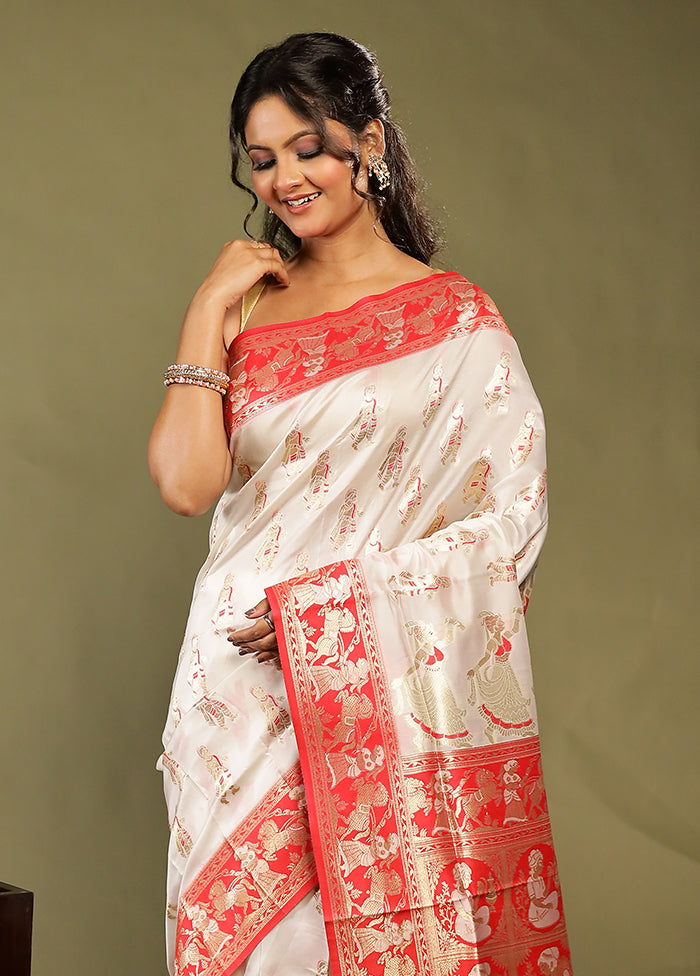 White Baluchari Silk Saree With Blouse Piece