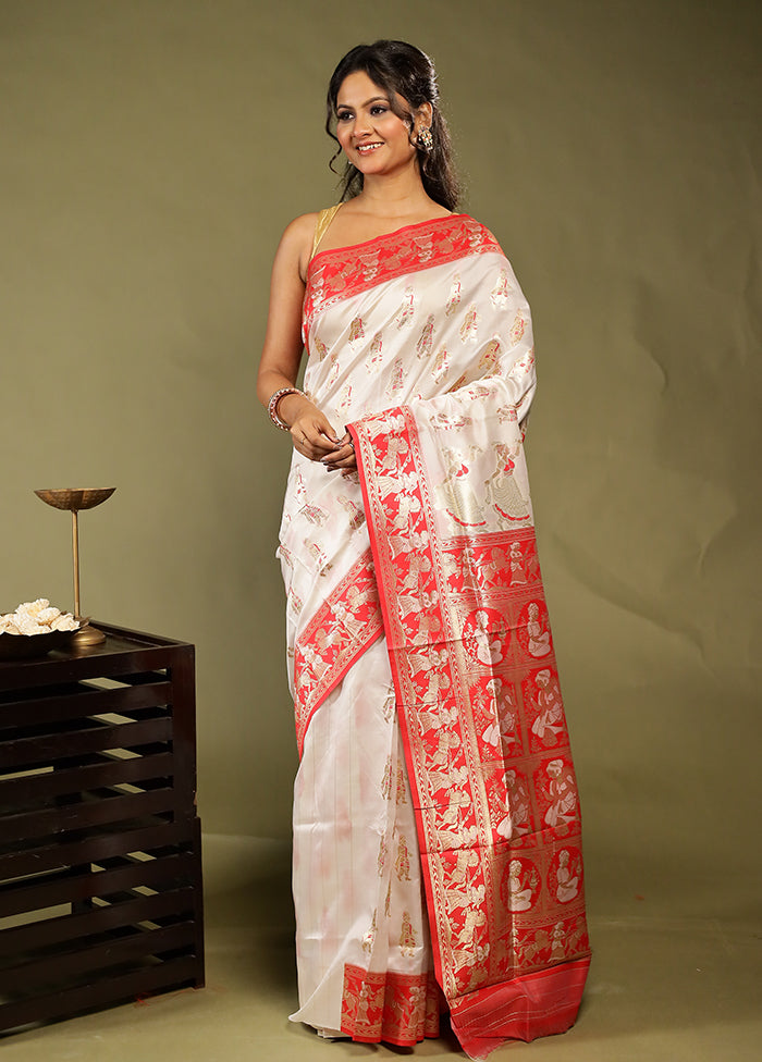 White Baluchari Silk Saree With Blouse Piece