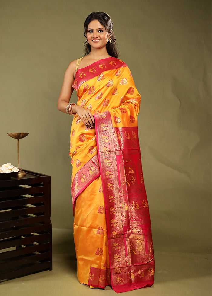 Yellow Baluchari Silk Saree With Blouse Piece