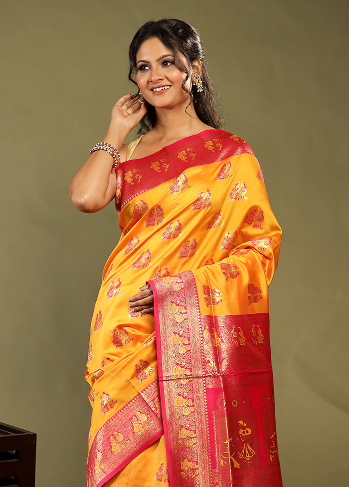 Yellow Baluchari Silk Saree With Blouse Piece