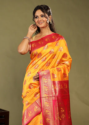 Yellow Baluchari Silk Saree With Blouse Piece