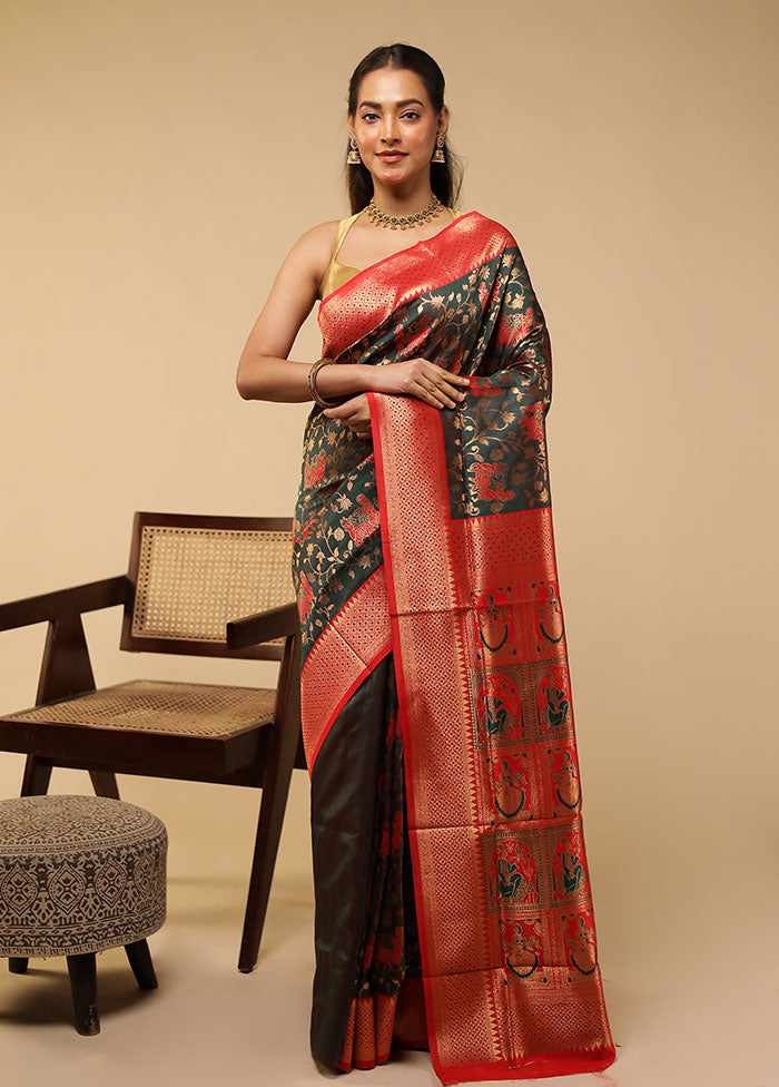 Green Baluchari Silk Saree With Blouse Piece
