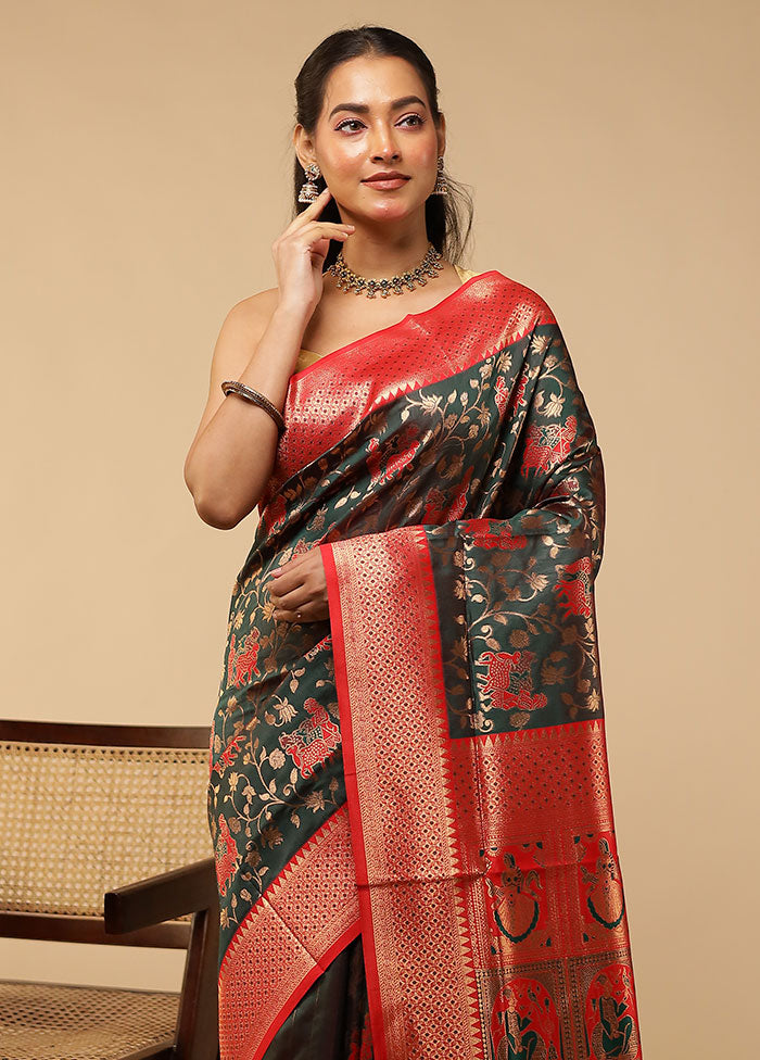 Green Baluchari Silk Saree With Blouse Piece