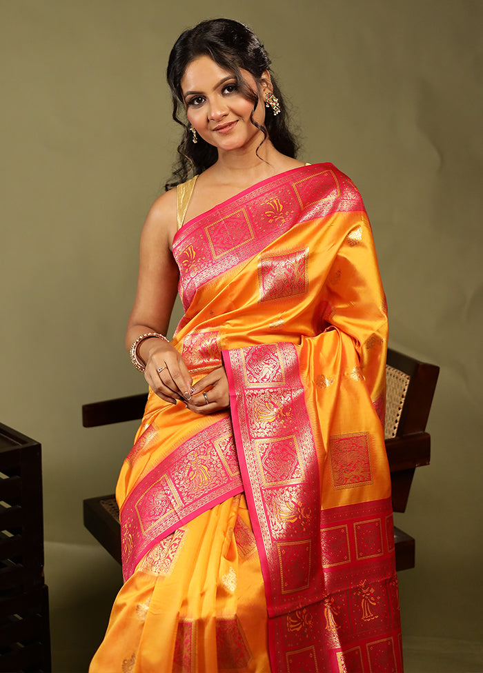 Yellow Baluchari Silk Saree With Blouse Piece