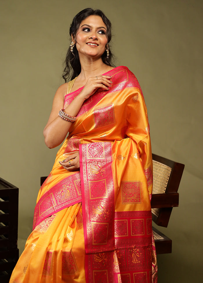 Yellow Baluchari Silk Saree With Blouse Piece