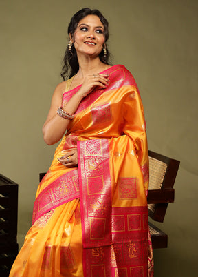 Yellow Baluchari Silk Saree With Blouse Piece