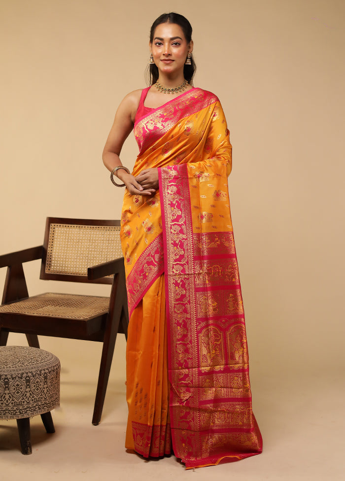 Yellow Baluchari Silk Saree With Blouse Piece