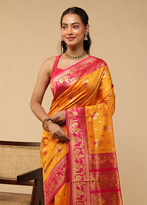 Yellow Baluchari Silk Saree With Blouse Piece