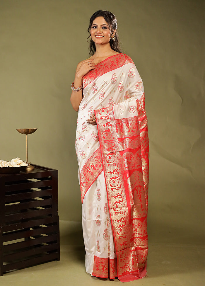 White Baluchari Silk Saree With Blouse Piece