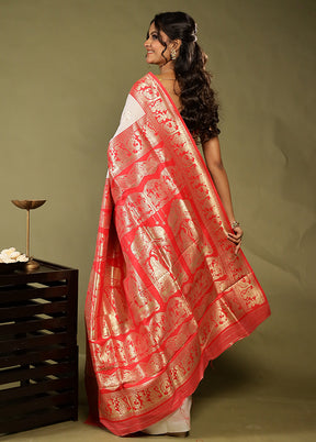 White Baluchari Silk Saree With Blouse Piece