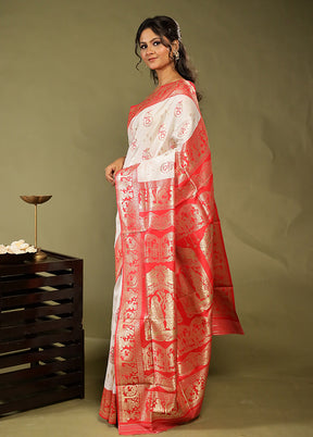 White Baluchari Silk Saree With Blouse Piece