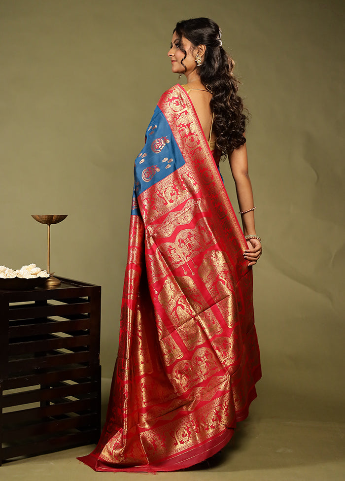 Blue Baluchari Silk Saree With Blouse Piece