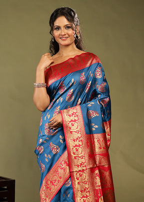 Blue Baluchari Silk Saree With Blouse Piece