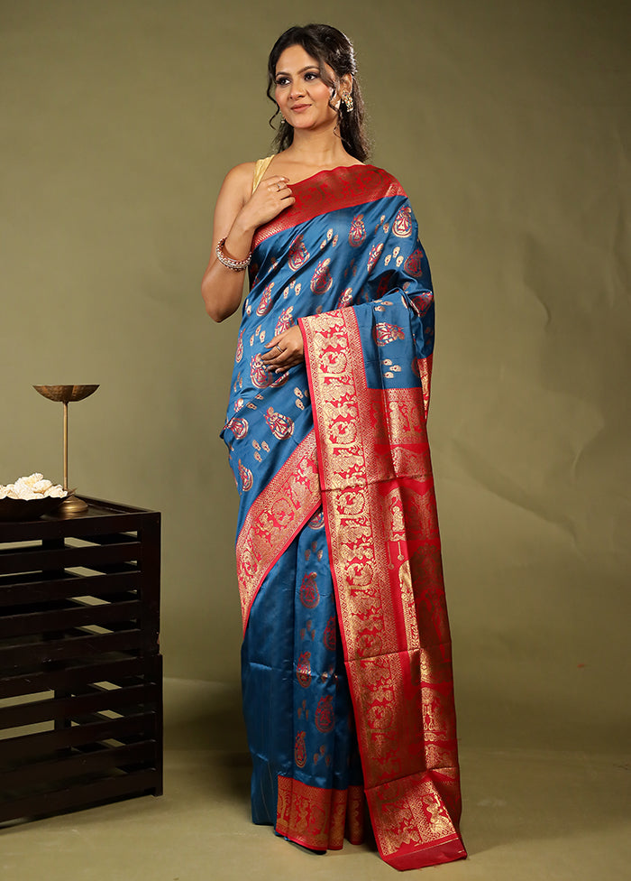 Blue Baluchari Silk Saree With Blouse Piece