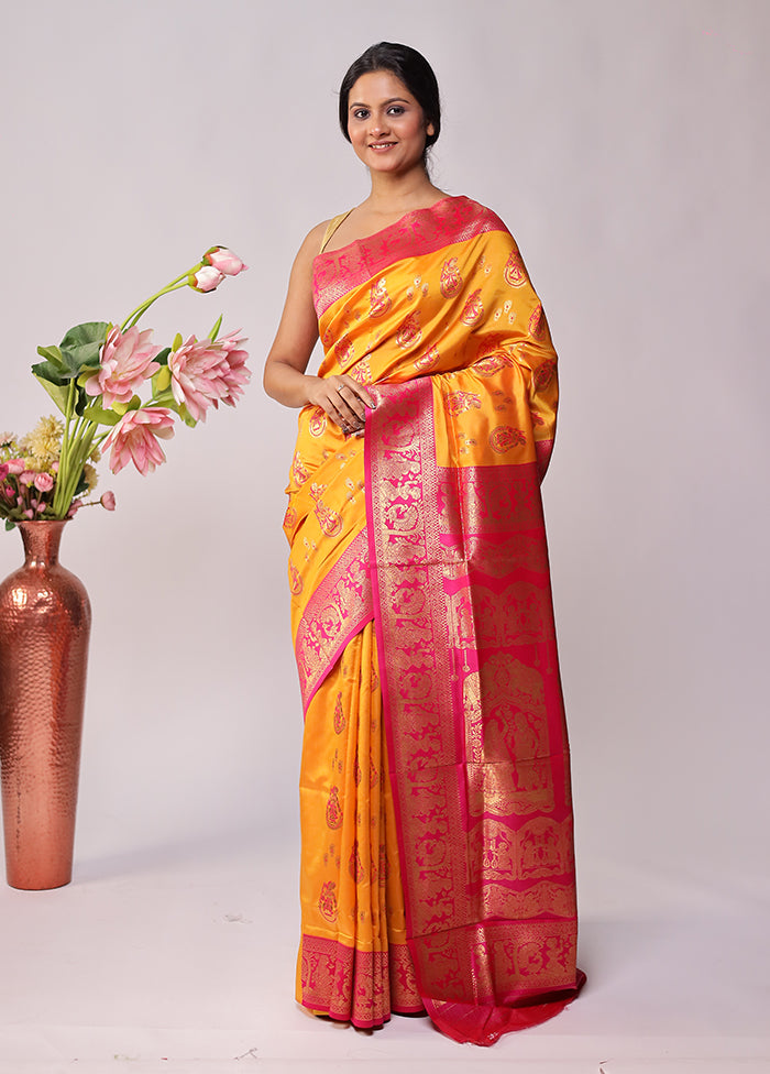 Yellow Baluchari Silk Saree With Blouse Piece