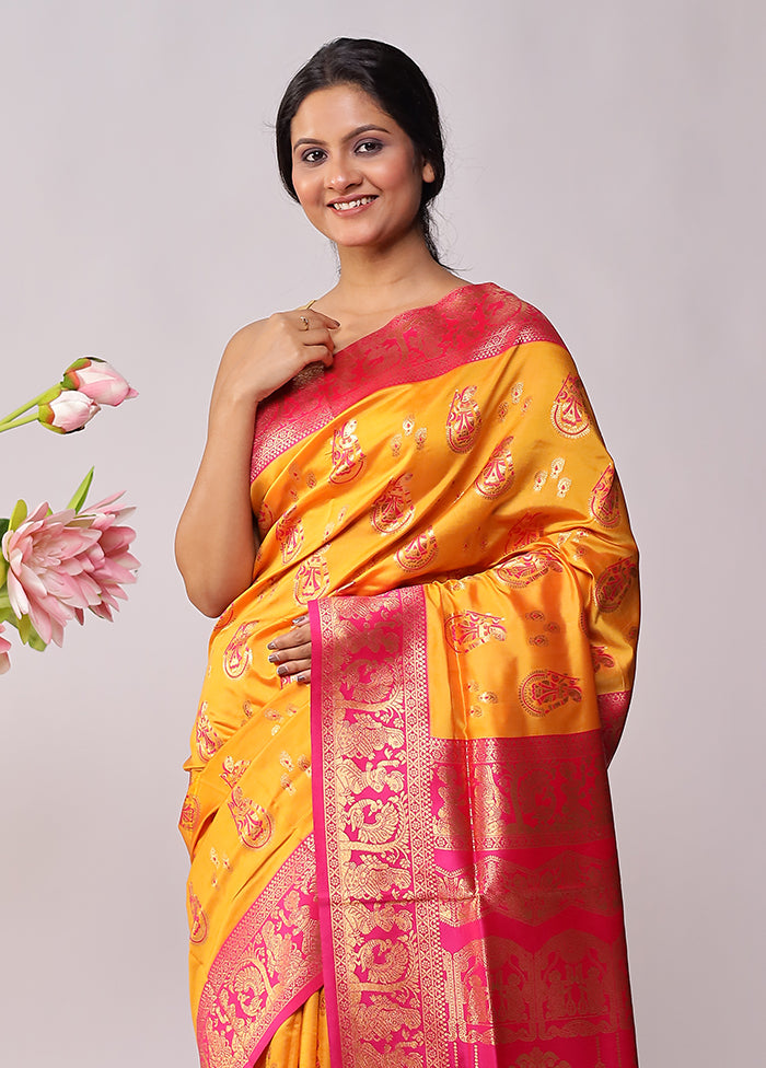 Yellow Baluchari Silk Saree With Blouse Piece