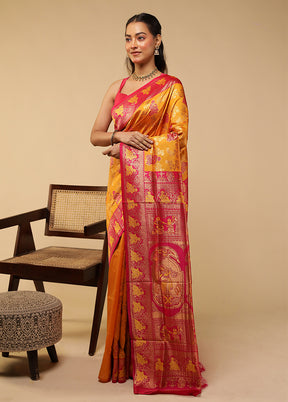 Yellow Baluchari Silk Saree With Blouse Piece