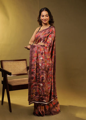 Purple Printed Silk Saree Without Blouse Piece