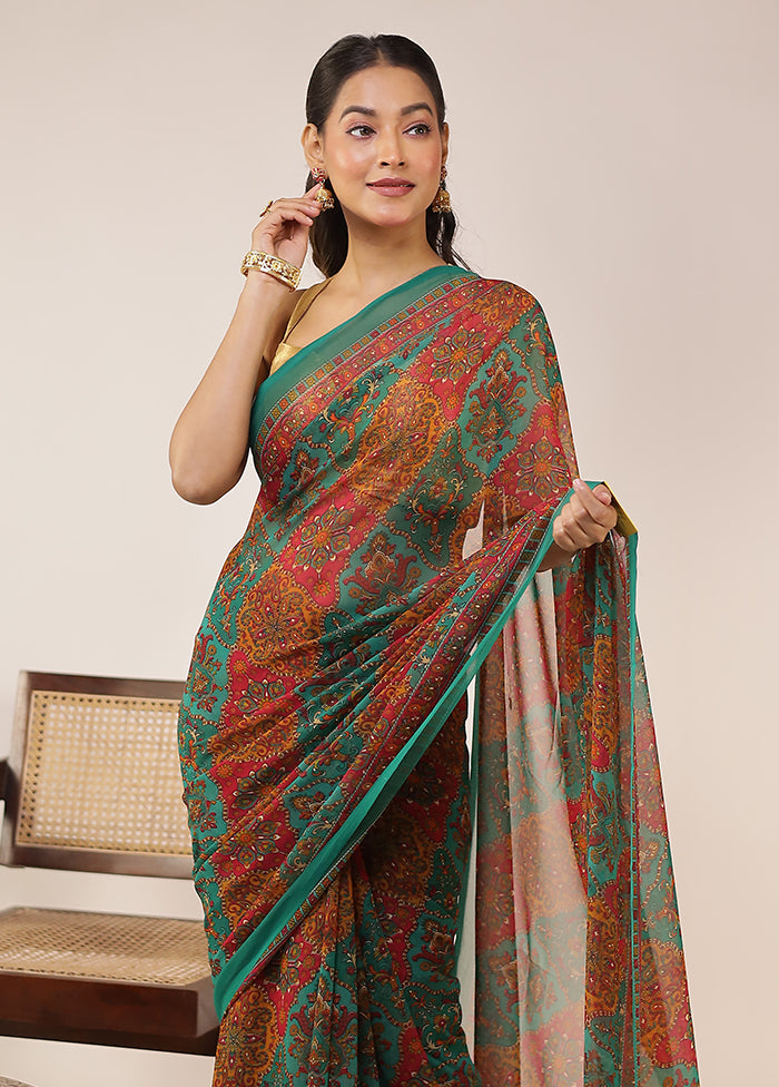 Sheesh Mahal Duo – Maroon Tissue Silk & Green Chiffon Sarees