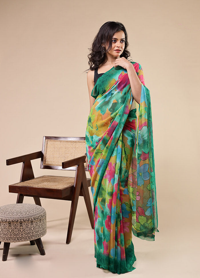 Green Chiffon Silk Saree With Blouse Piece