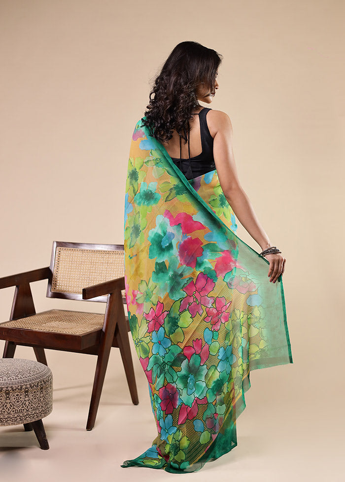 Green Chiffon Silk Saree With Blouse Piece