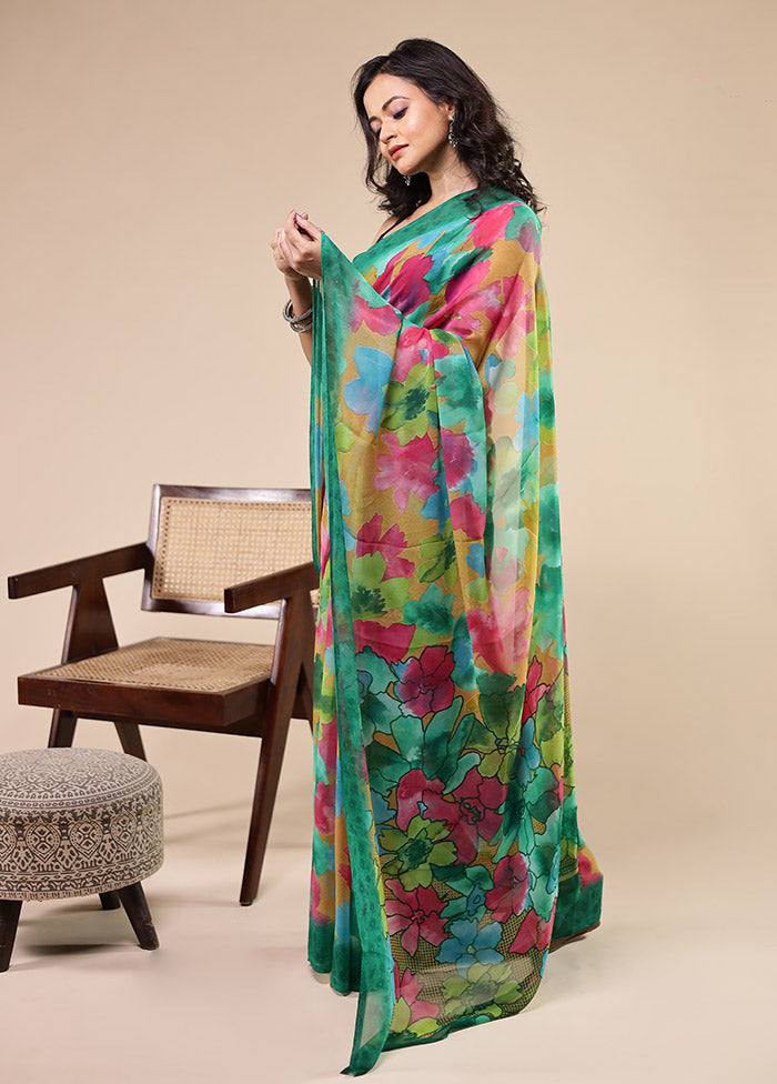 Green Chiffon Silk Saree With Blouse Piece