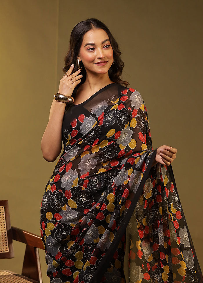 Black Chiffon Silk Saree With Blouse Piece