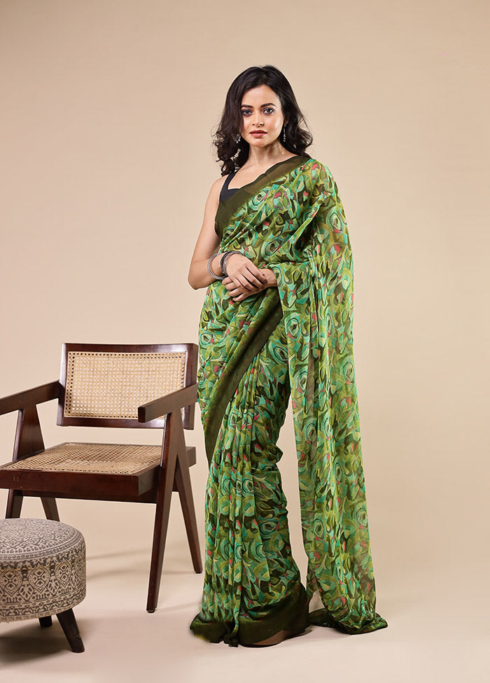 Green Chiffon Silk Saree With Blouse Piece