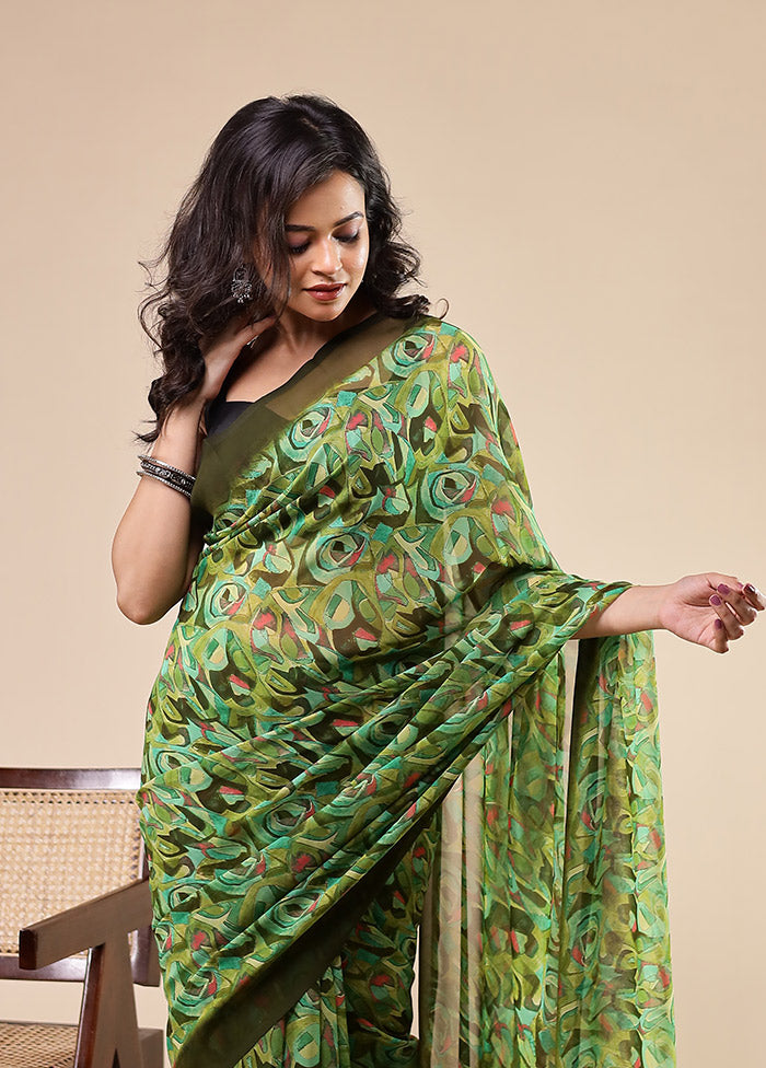 Green Chiffon Silk Saree With Blouse Piece