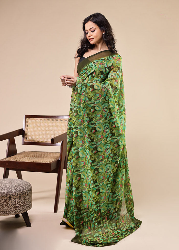 Green Chiffon Silk Saree With Blouse Piece