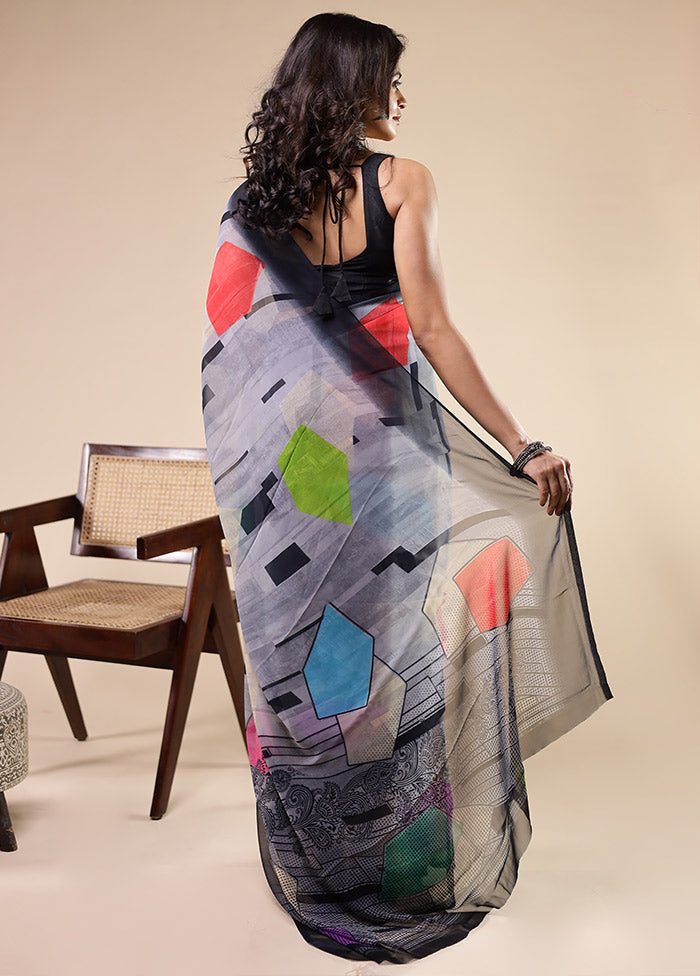 Grey Chiffon Silk Saree With Blouse Piece
