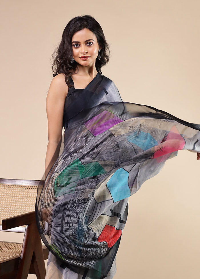 Grey Chiffon Silk Saree With Blouse Piece