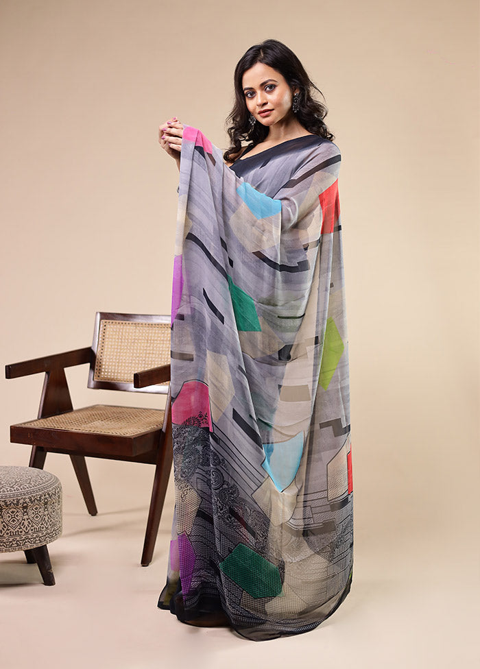 Grey Chiffon Silk Saree With Blouse Piece