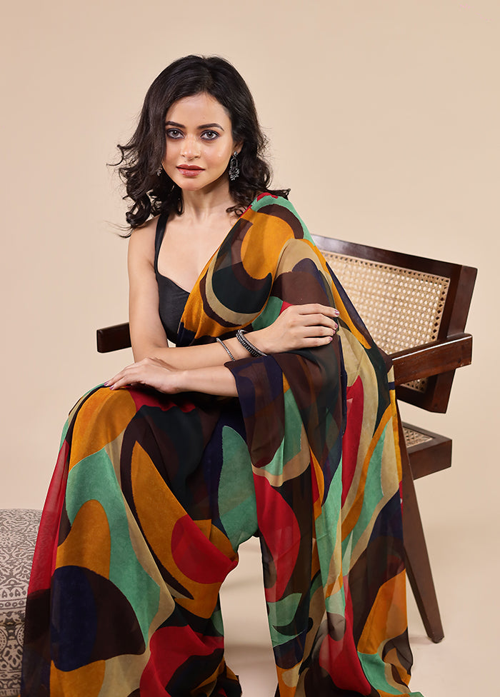 Multicolor Chiffon Silk Saree With Blouse Piece
