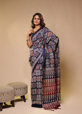 Shubh Labh Jodi – Blue Printed Silk Saree & Black Silk Kurta Set