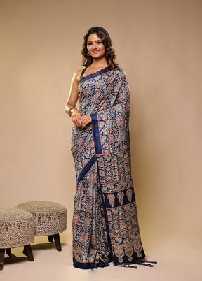 Blue Printed Silk Saree With Blouse Piece
