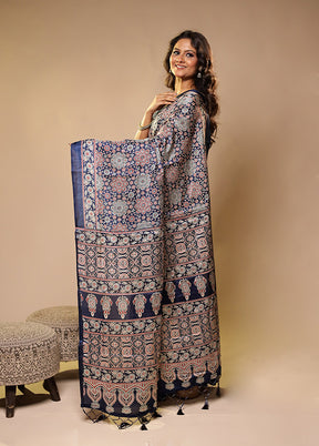 Blue Printed Silk Saree With Blouse Piece