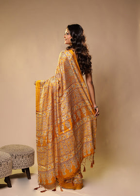 Brown Printed Silk Saree With Blouse Piece
