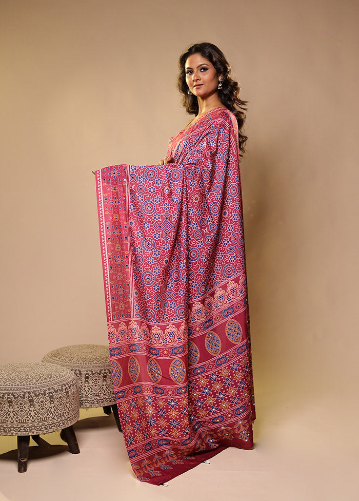 Pink Printed Silk Saree With Blouse Piece